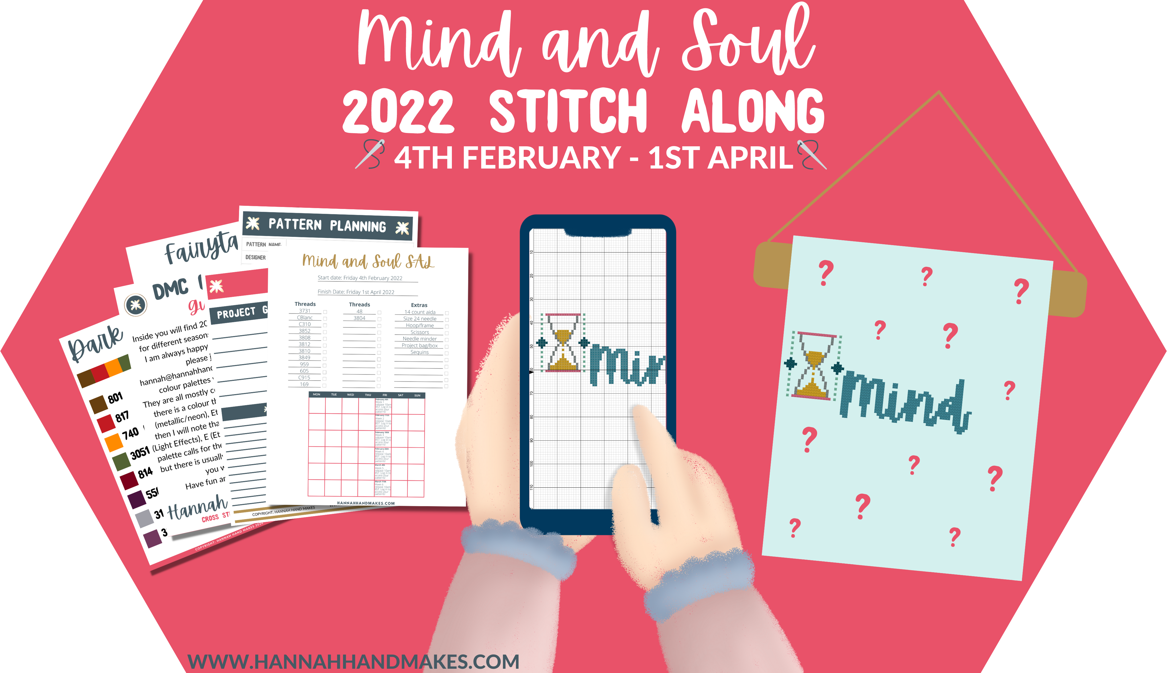 mind and soul 2022 stitch along, phone in hand mock up, banner mock up